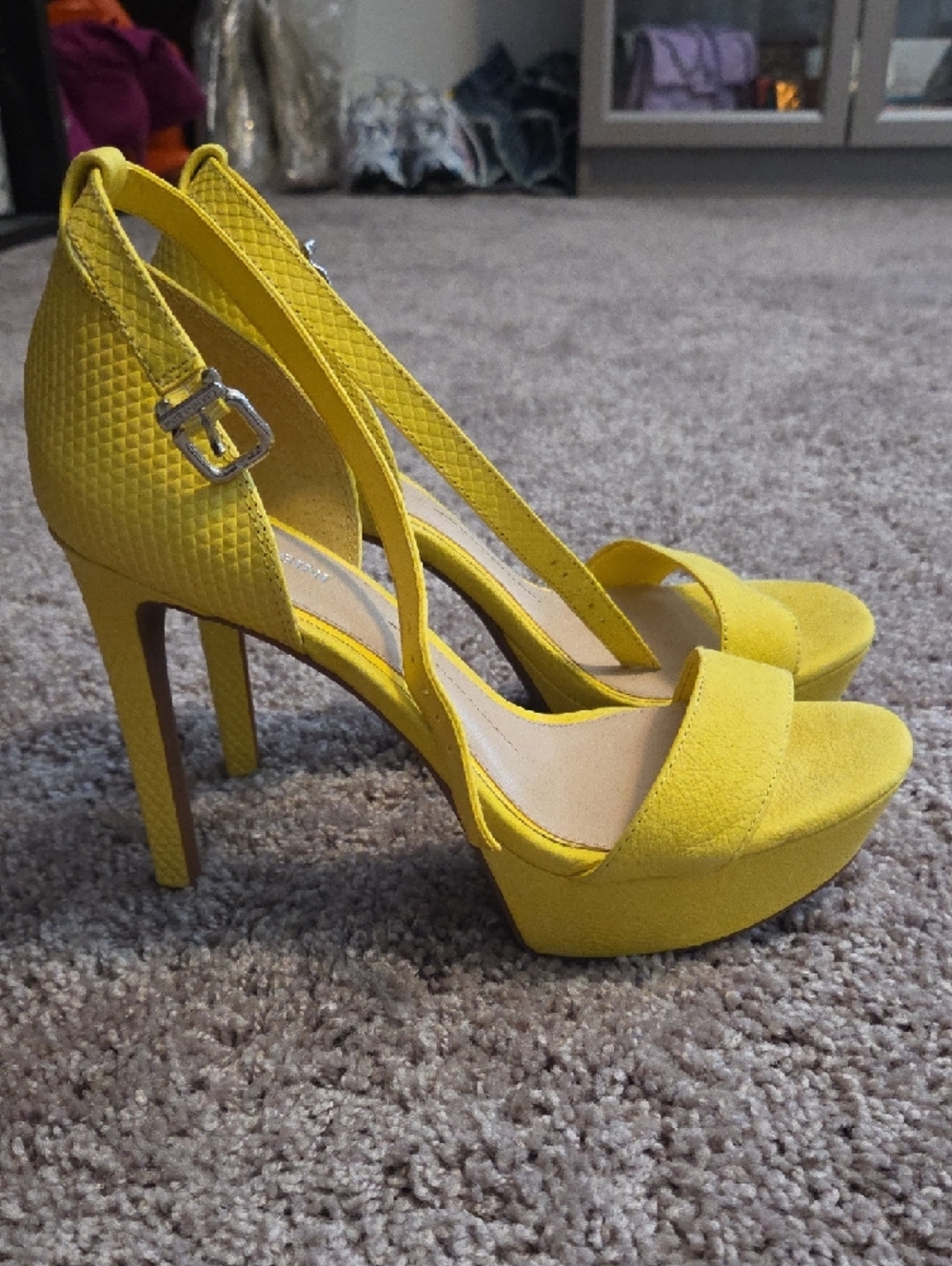 Gianni Bini Bright Yellow Open-Toe Ankle Strap Heels - Picture 2 of 4